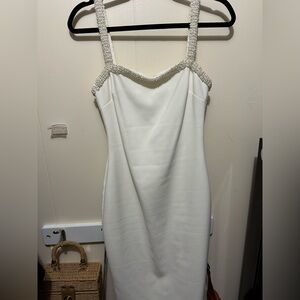 White midi dress with pearl trim and straps